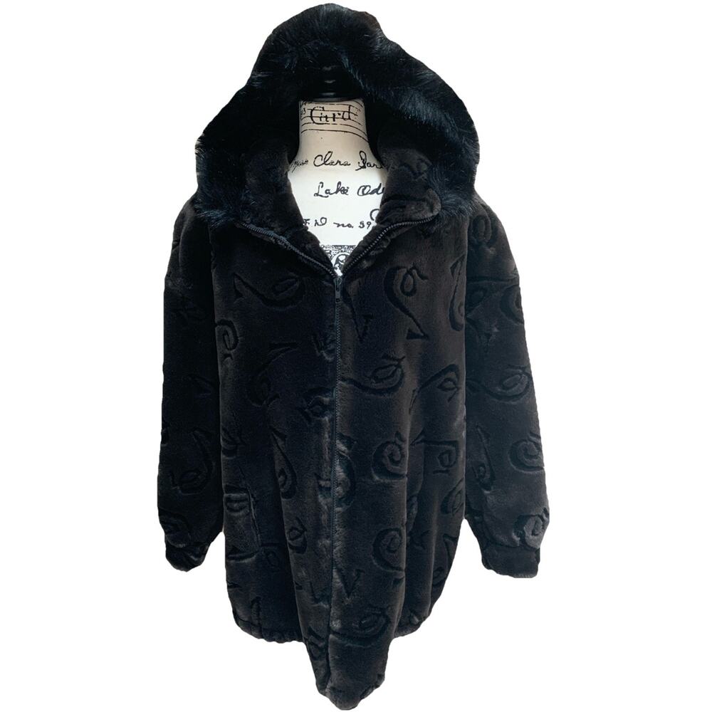 Women’s Gallery Faux Fur Hooded Winter Coat Zippered Lined Pockets Size Small
